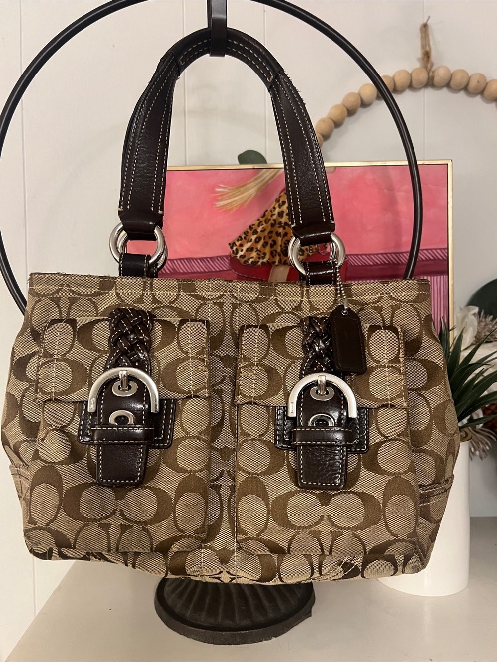 Coach Brown Signature Buckle Tote SoHo-6373 with Dark Brown Leather